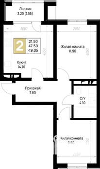 2-к квартира, вторичка, 49м2, 6/12 этаж