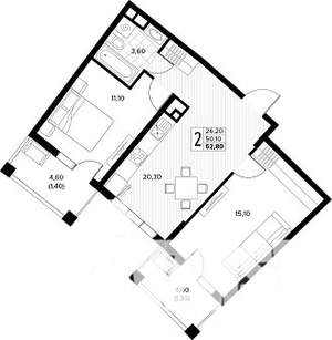 2-к квартира, строящийся дом, 53м2, 8/8 этаж