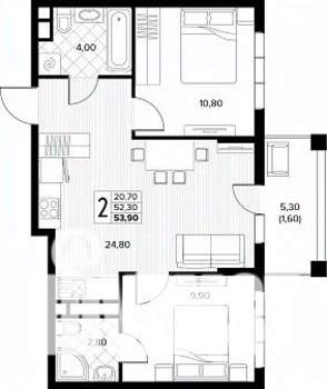 2-к квартира, строящийся дом, 54м2, 4/8 этаж