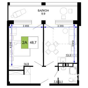 2-к квартира, вторичка, 49м2, 6/9 этаж