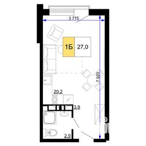 1-к квартира, строящийся дом, 27м2, 2/9 этаж