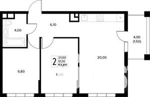 2-к квартира, вторичка, 53м2, 6/8 этаж
