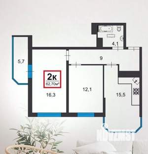 2-к квартира, вторичка, 63м2, 10/16 этаж