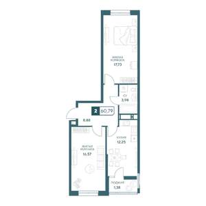 2-к квартира, строящийся дом, 61м2, 13/20 этаж