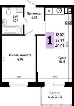 1-к квартира, строящийся дом, 40м2, 2/4 этаж