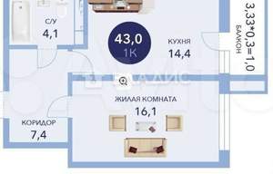 1-к квартира, вторичка, 42м2, 3/16 этаж