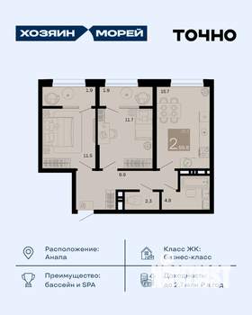 2-к квартира, вторичка, 60м2, 7/8 этаж
