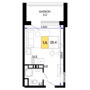 1-к квартира, строящийся дом, 26м2, 2/9 этаж