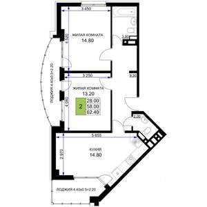 2-к квартира, вторичка, 62м2, 4/12 этаж