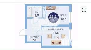 1-к квартира, строящийся дом, 33м2, 1/16 этаж