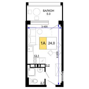 1-к квартира, строящийся дом, 24м2, 4/9 этаж