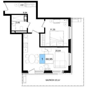 1-к квартира, строящийся дом, 69м2, 3/8 этаж