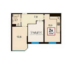 2-к квартира, вторичка, 53м2, 3/16 этаж
