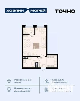 Студия квартира, вторичка, 33м2, 2/12 этаж