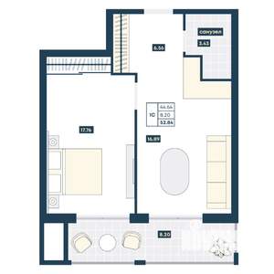 1-к квартира, вторичка, 53м2, 8/9 этаж