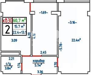 2-к квартира, вторичка, 61м2, 1/3 этаж