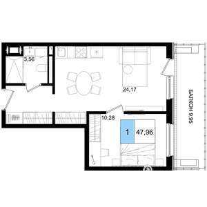 1-к квартира, вторичка, 48м2, 8/9 этаж