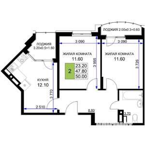 2-к квартира, вторичка, 50м2, 8/12 этаж