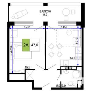 2-к квартира, строящийся дом, 47м2, 2/9 этаж
