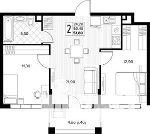 2-к квартира, строящийся дом, 52м2, 2/8 этаж