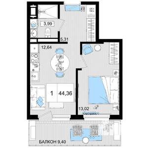 1-к квартира, строящийся дом, 43м2, 2/8 этаж