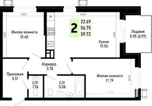 2-к квартира, строящийся дом, 60м2, 4/4 этаж