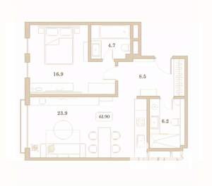 1-к квартира, вторичка, 62м2, 2/7 этаж